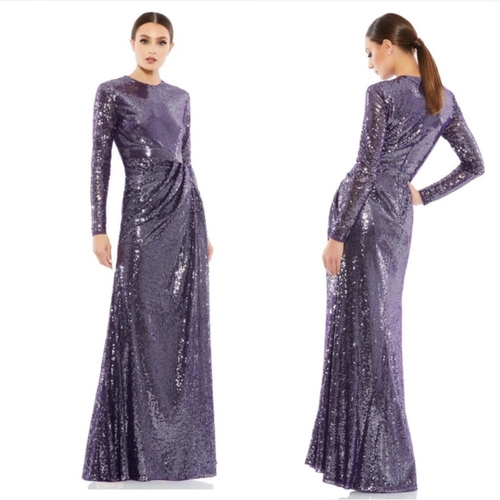 New Mac Duggal Sequined High Neck Long Sleeve Draped Purple Maxi Dress Gown 12